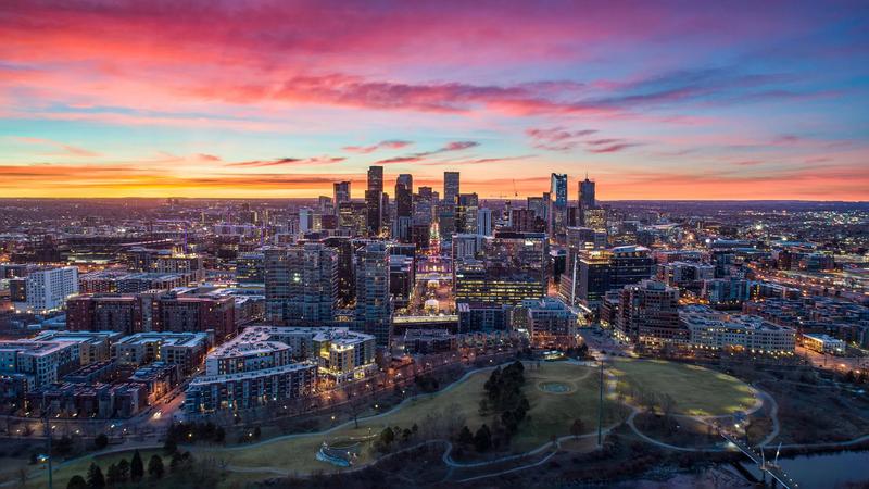 Downtown Denver, Colorado, USA Drone Skyline Aerial Panorama.