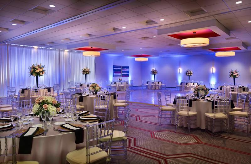 The decorated wedding reception area