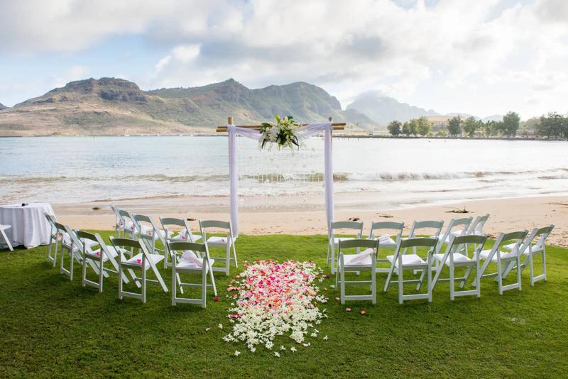 A wedding ceremony set up on the beachfront