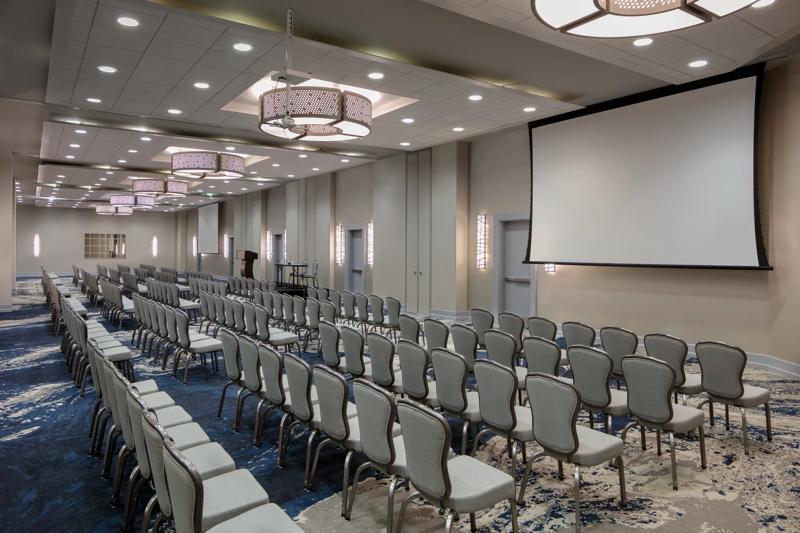 An angled view of the theater set up in the Grand Ballroom