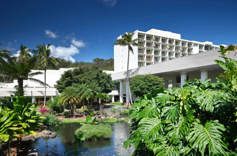 A view of the hotel from the lagoon grounds
