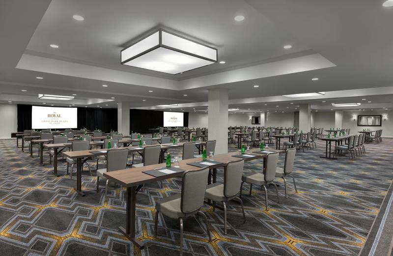 The right side view of the classroom style set up of the Lindell Ballroom