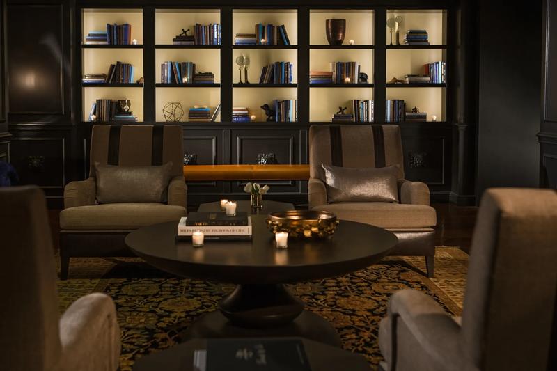 A view of the bookcase wall in the Prefunction Lounge of the hotel