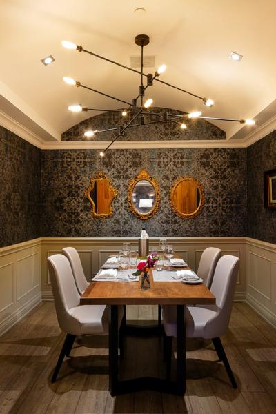 A vertical view of the private dining room seating at Signature Restaurant
