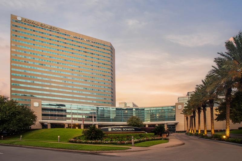 A full view of the hotel at twilight