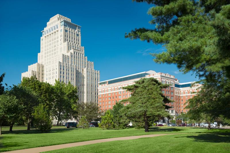 An exterior view of the Chase Park Plaza hotel zoomed in
